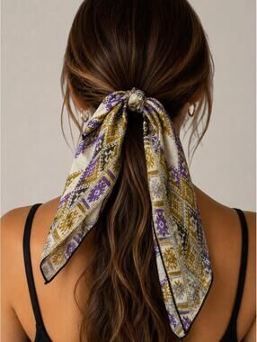 Vintage Silk Head Scarf Bandana 26x26 Geometric Purple Gold Gray